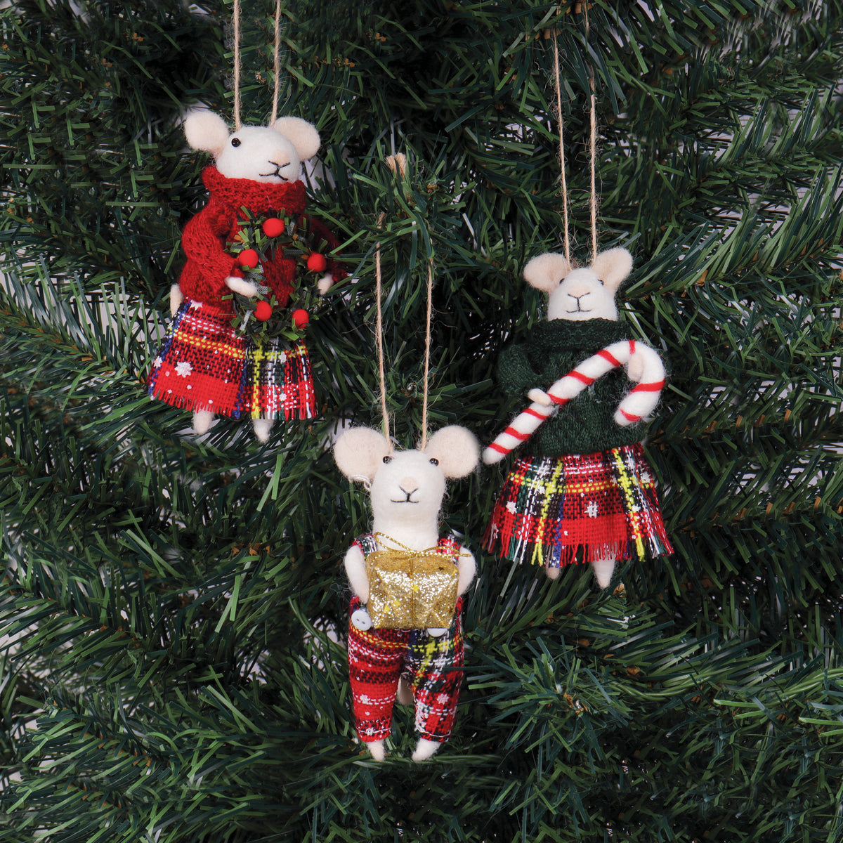 Finished needle felted mice tartan trio from Trimits kit