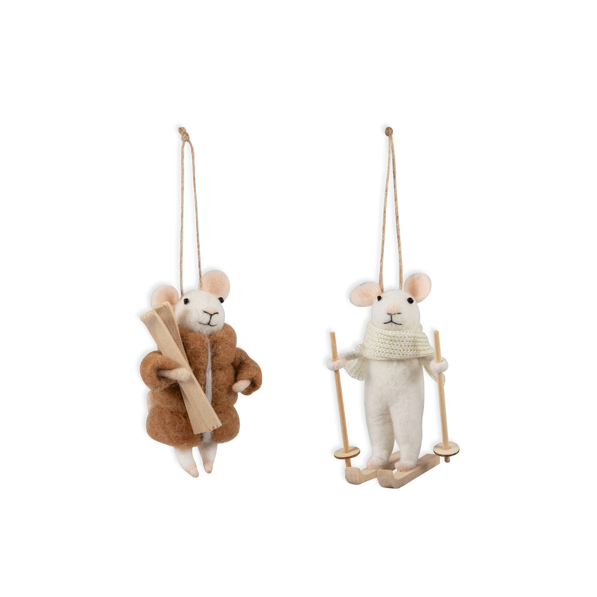 Finished needle felted winter sports mice duo from Trimits kit