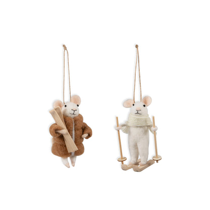 Finished needle felted winter sports mice duo from Trimits kit