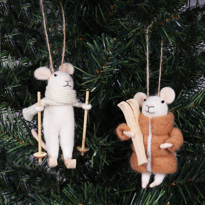 Finished needle felted winter sports mice duo from Trimits kit