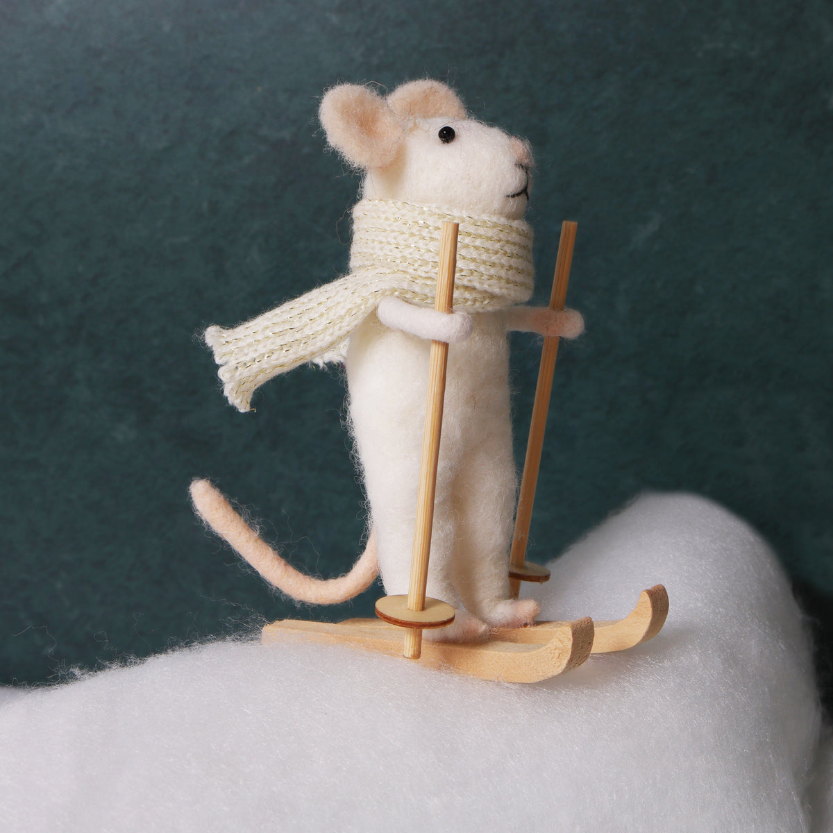 Finished needle felted winter sports mice duo from Trimits kit