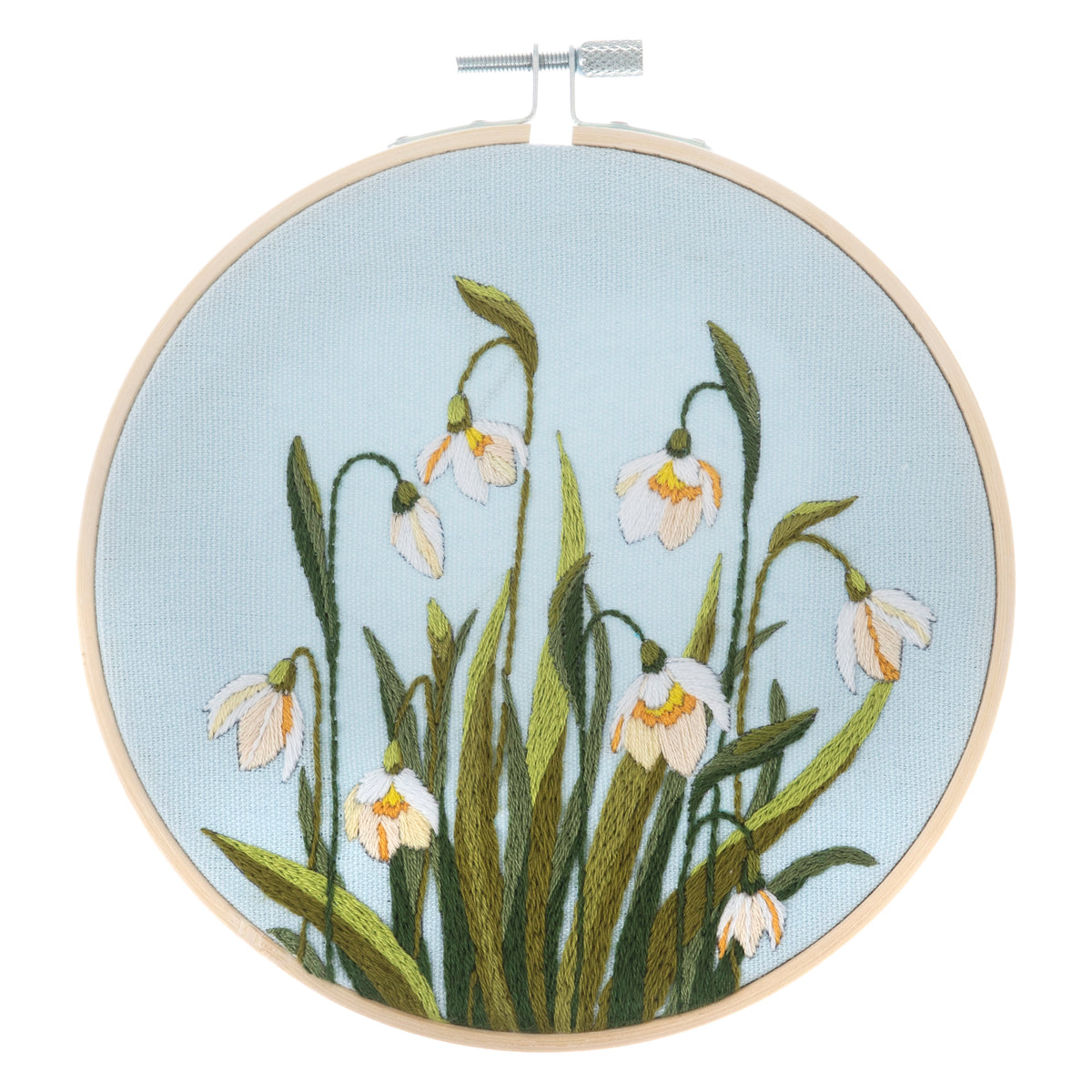 Finished snowdrops embroidery in a 15cm bamboo hoop