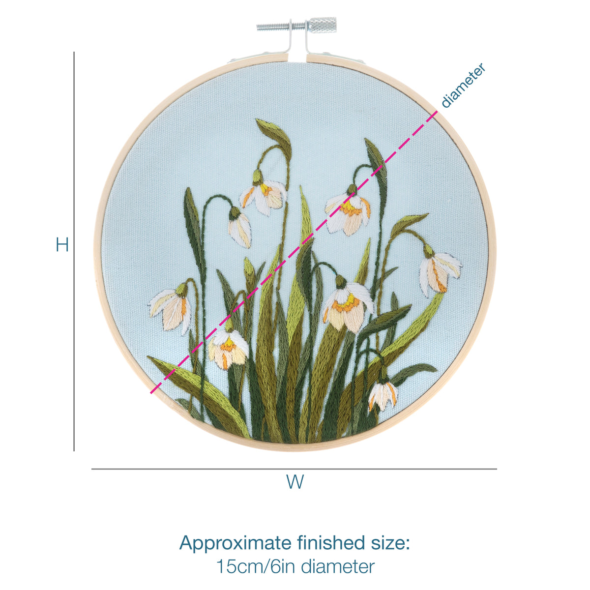 Finished snowdrops embroidery in a 15cm bamboo hoop