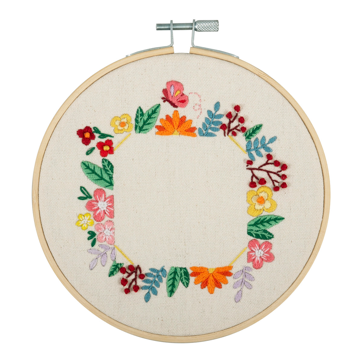 Finished floral photo frame embroidery in a 15cm bamboo hoop