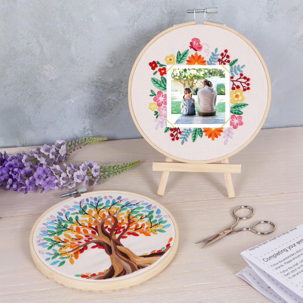 Finished floral photo frame embroidery in a 15cm bamboo hoop