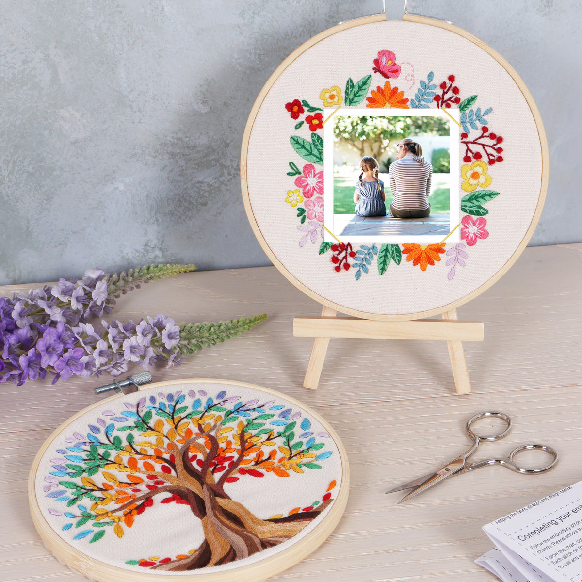 Finished floral photo frame embroidery in a 15cm bamboo hoop