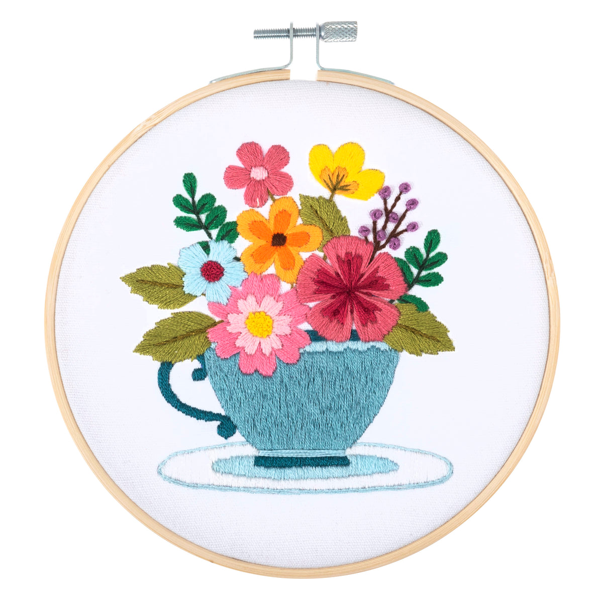 Finished spring floral embroidery in a 15cm bamboo hoop