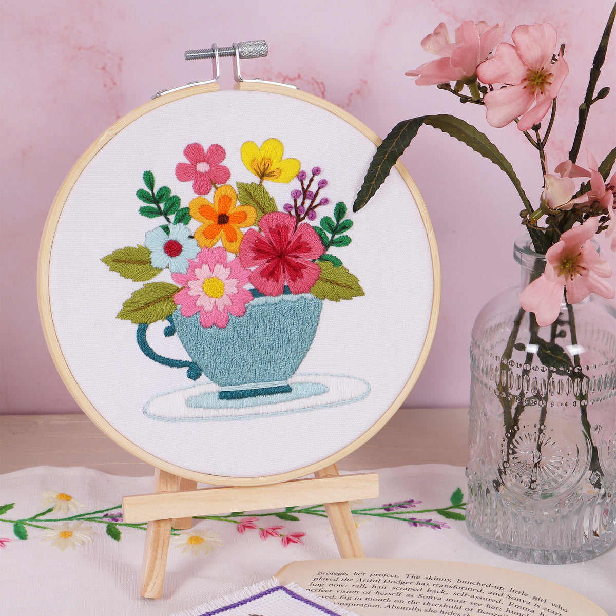 Finished spring floral embroidery in a 15cm bamboo hoop