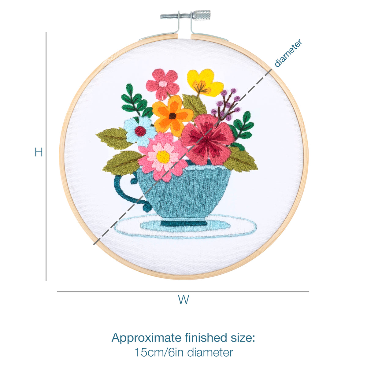 Finished spring floral embroidery in a 15cm bamboo hoop