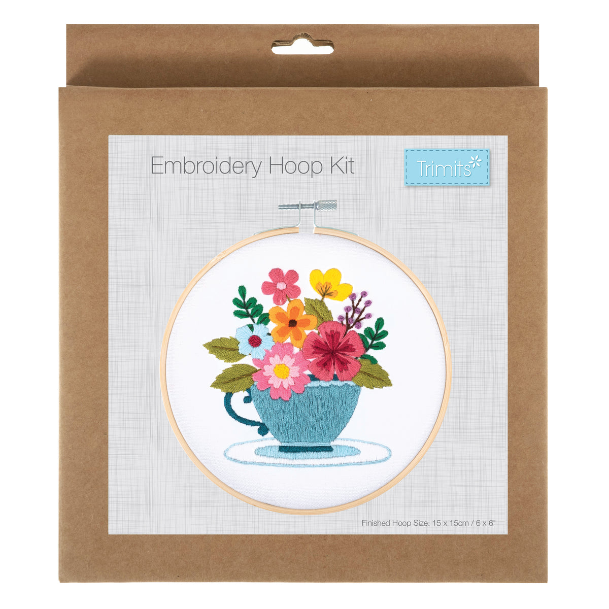 Finished spring floral embroidery in a 15cm bamboo hoop