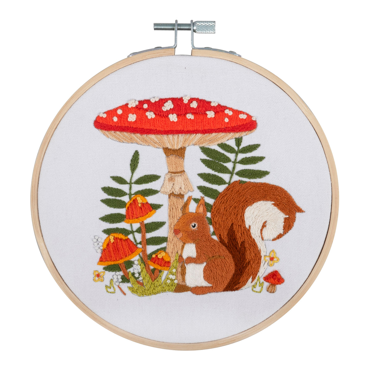 Finished toadstool squirrel embroidery in a 15cm bamboo hoop