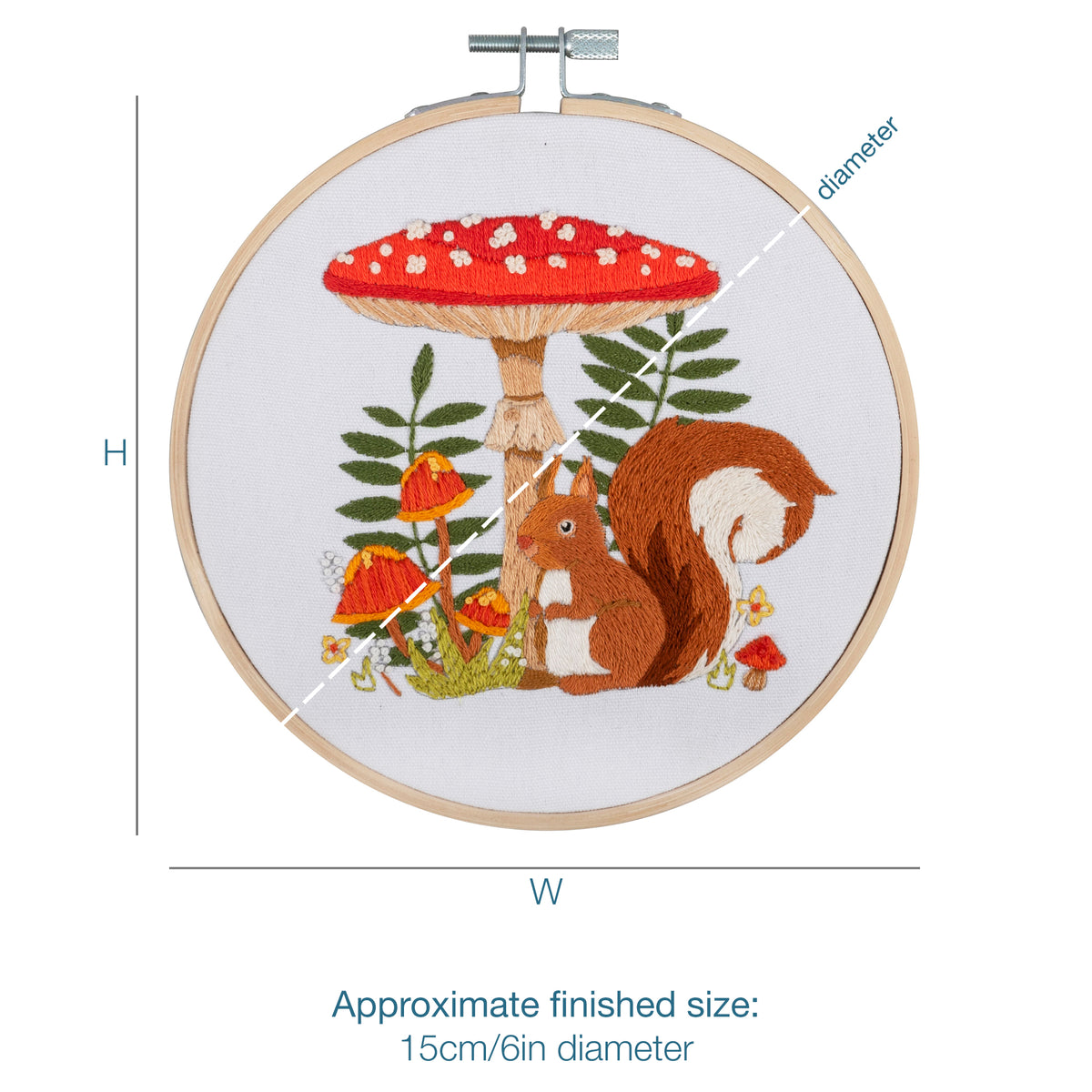 Finished toadstool squirrel embroidery in a 15cm bamboo hoop
