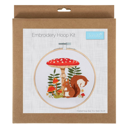 Finished toadstool squirrel embroidery in a 15cm bamboo hoop