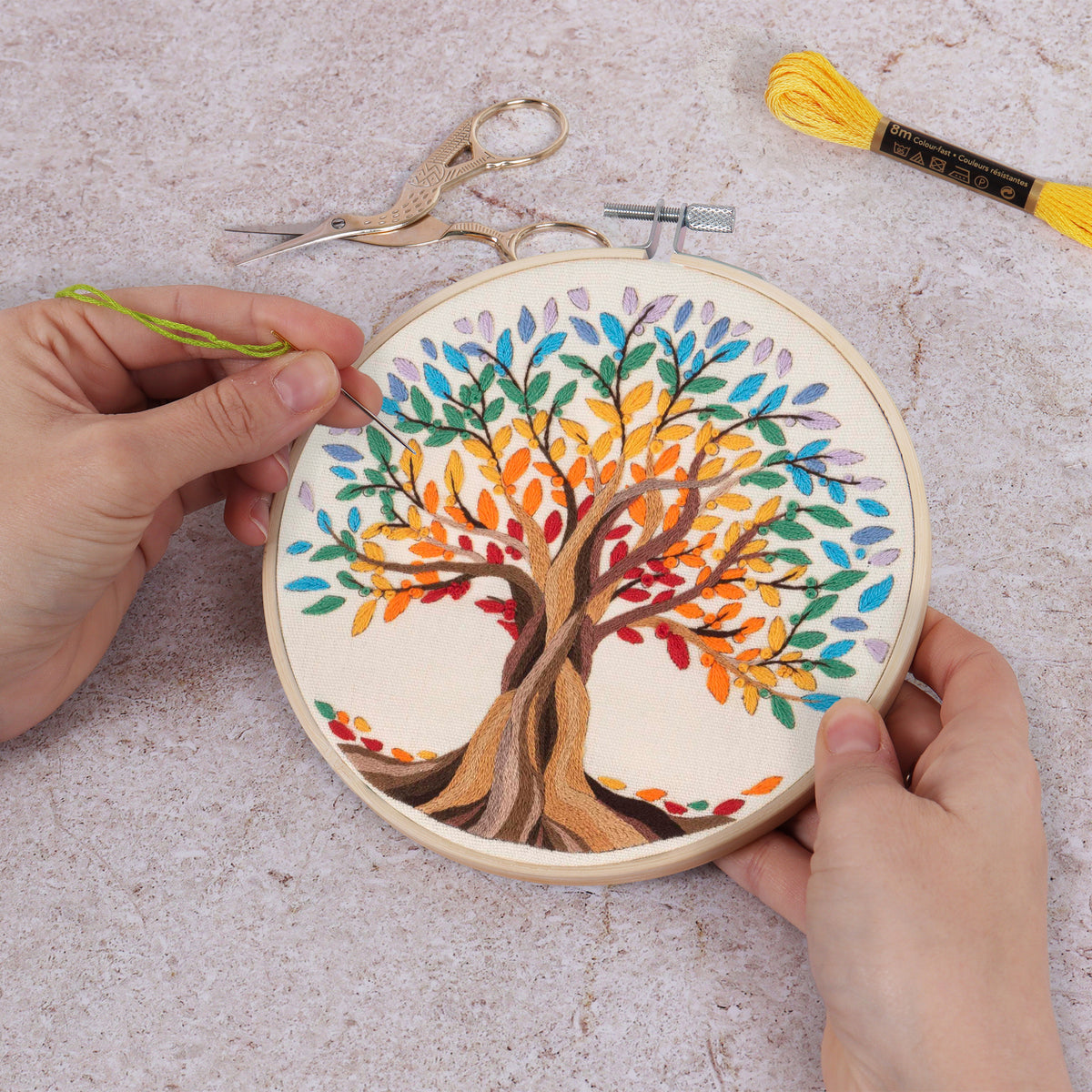 Finished tree of life embroidery in a 15cm bamboo hoop