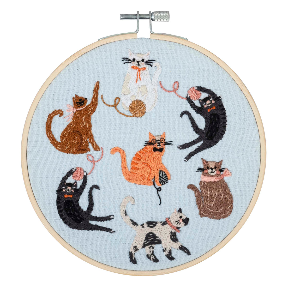 Finished cats embroidery in a 15cm bamboo hoop