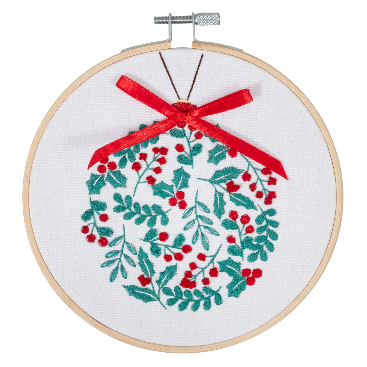 Finished holly berry bauble embroidery in a 15cm bamboo hoop