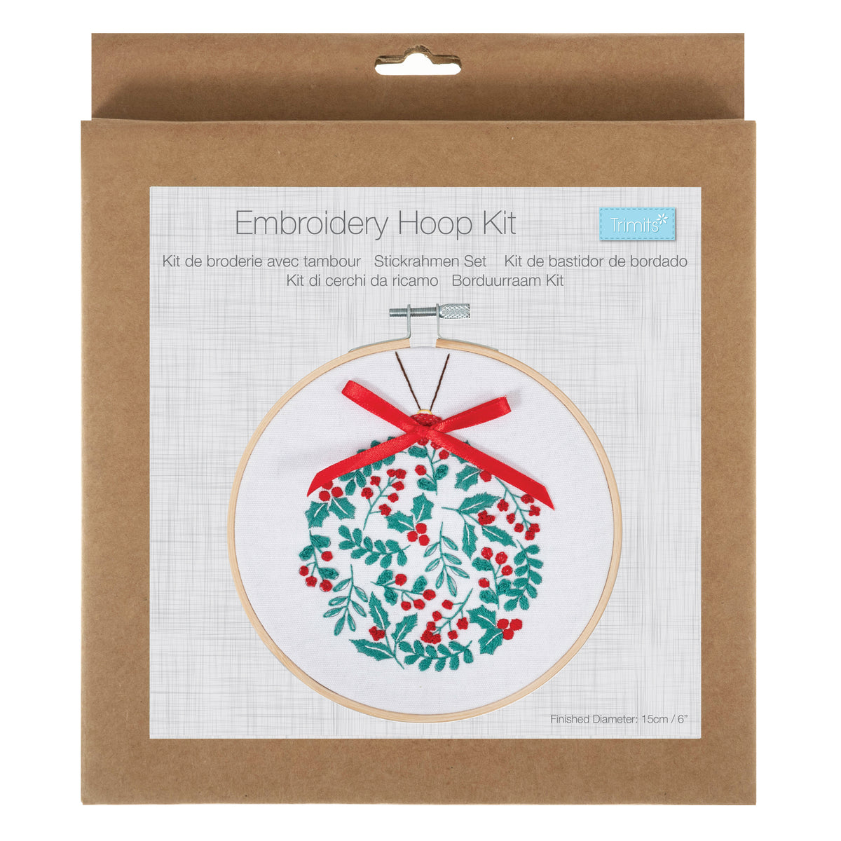 Finished holly berry bauble embroidery in a 15cm bamboo hoop