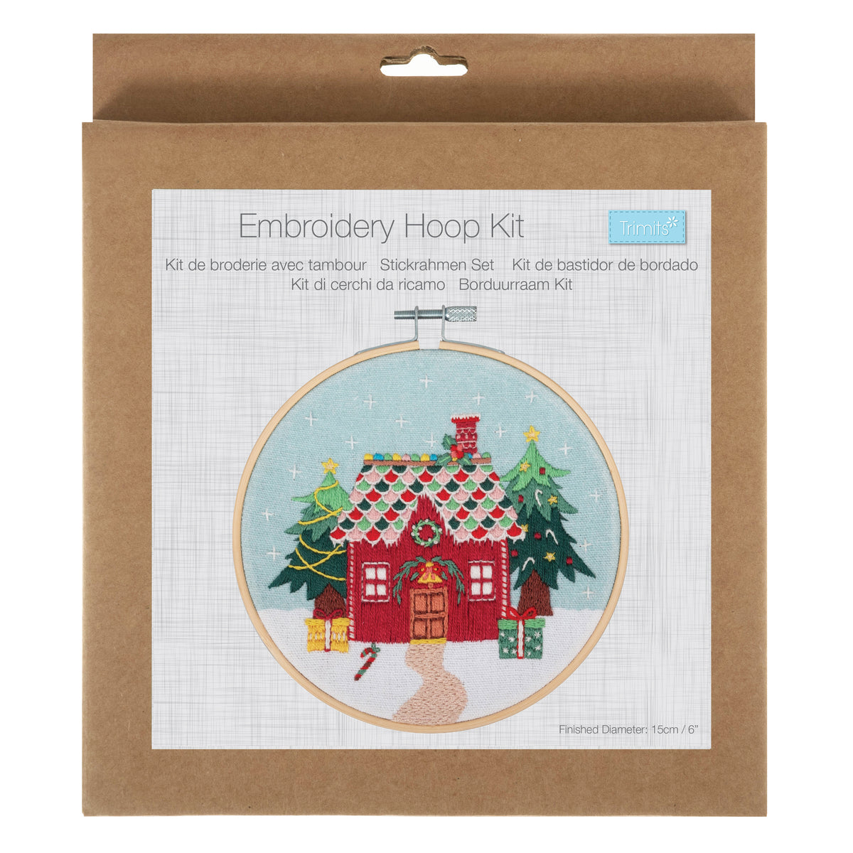 Finished christmas cottage embroidery in a 15cm bamboo hoop
