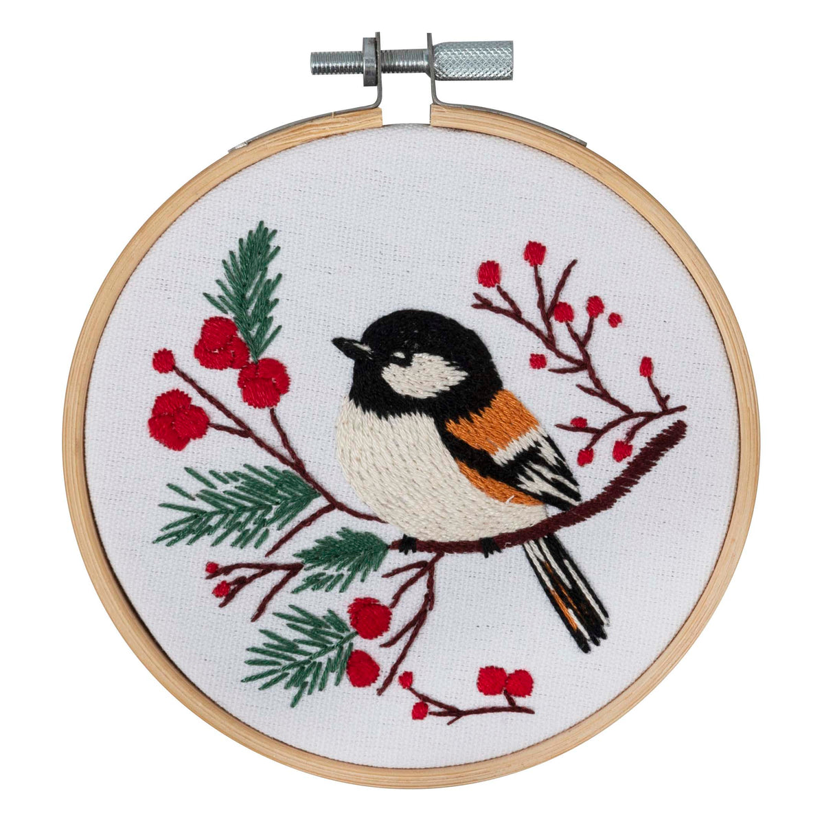 Finished mini bird embroidery in a 10cm bamboo hoop