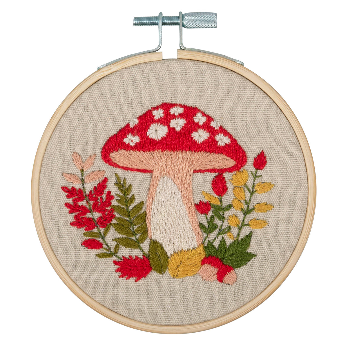 Finished mini woodland embroidery in a 15cm bamboo hoop