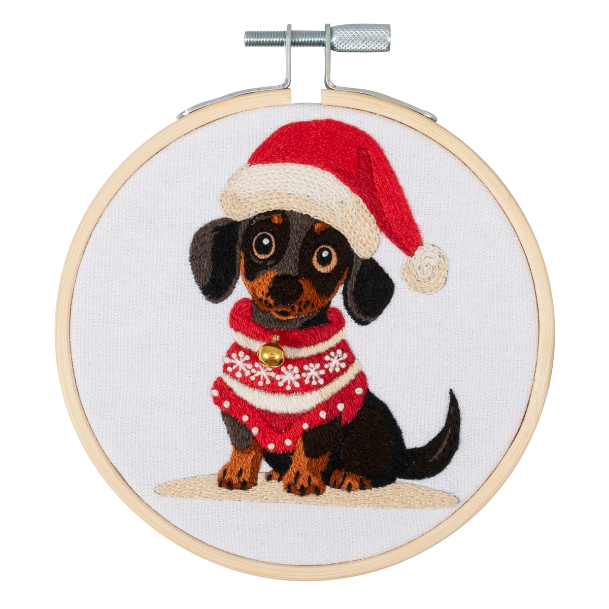 Finished mini woof embroidery in a 10cm bamboo hoop