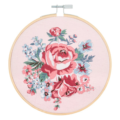 Finished rose blossom embroidery in a 15cm bamboo hoop