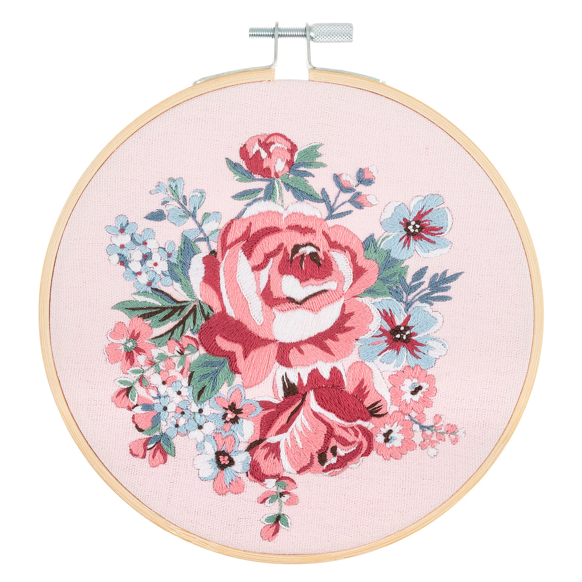 Finished rose blossom embroidery in a 15cm bamboo hoop