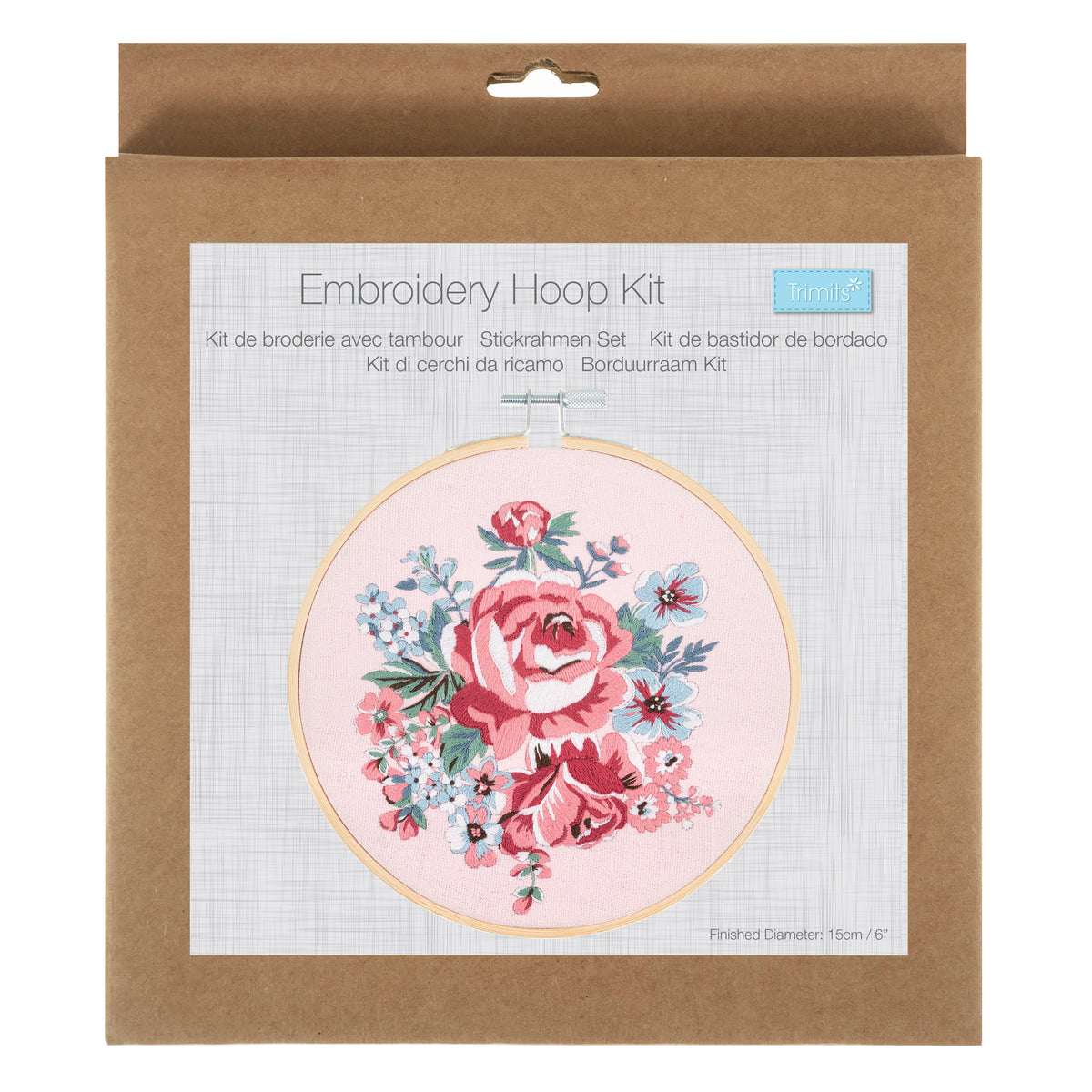 Finished rose blossom embroidery in a 15cm bamboo hoop