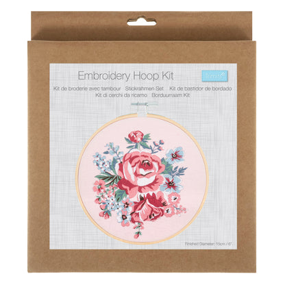 Finished rose blossom embroidery in a 15cm bamboo hoop