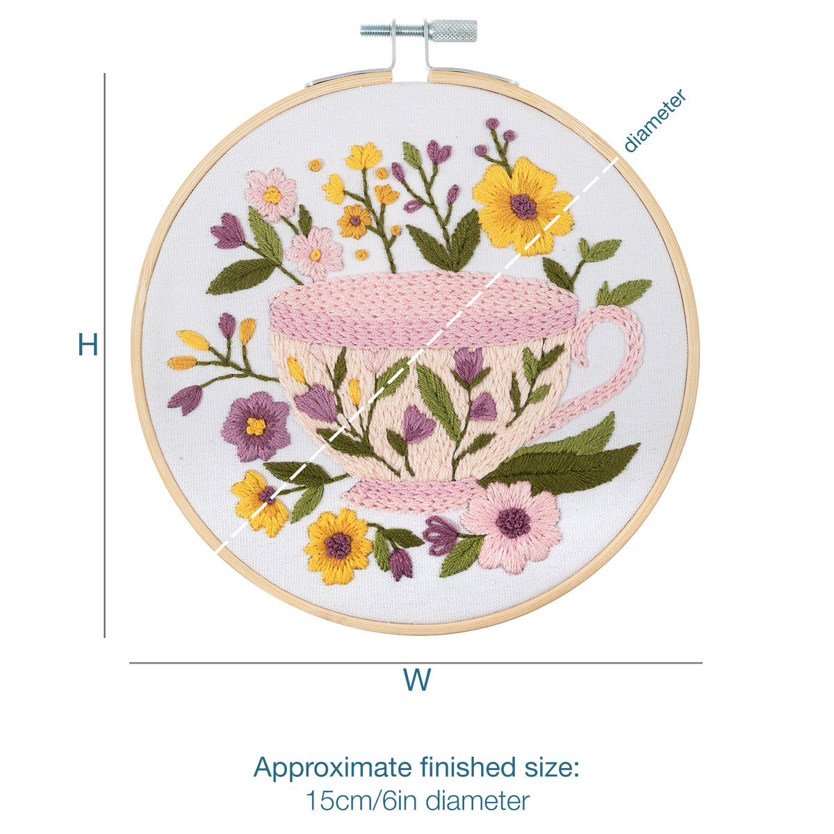 Finished tea cup embroidery in a 15cm bamboo hoop