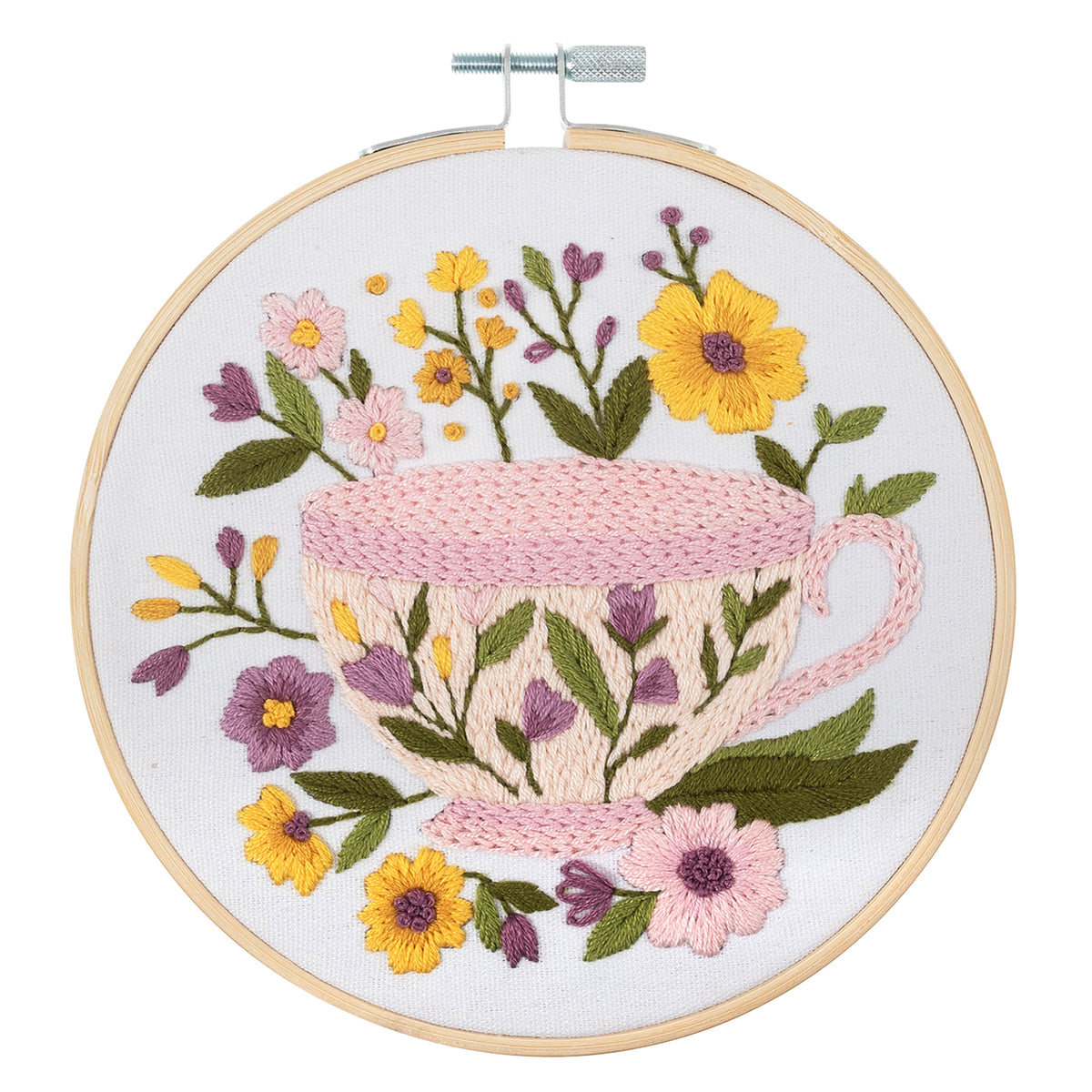 Finished tea cup embroidery in a 15cm bamboo hoop