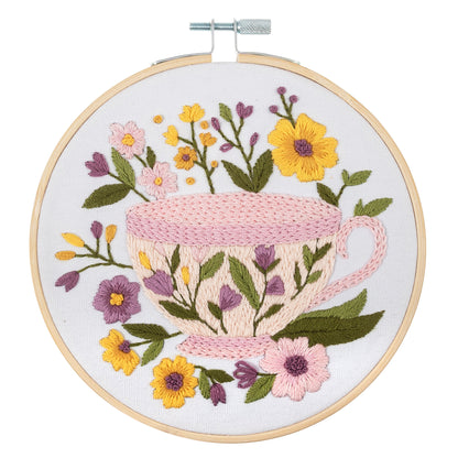 Finished tea cup embroidery in a 15cm bamboo hoop