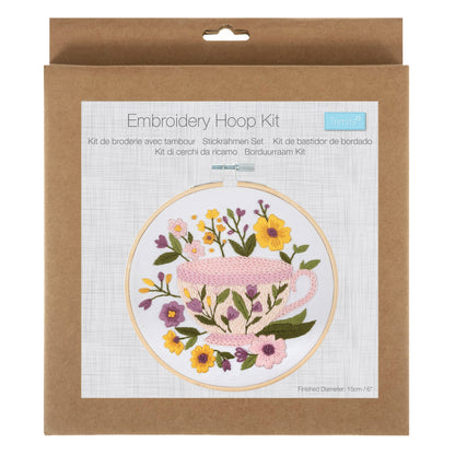 Finished tea cup embroidery in a 15cm bamboo hoop