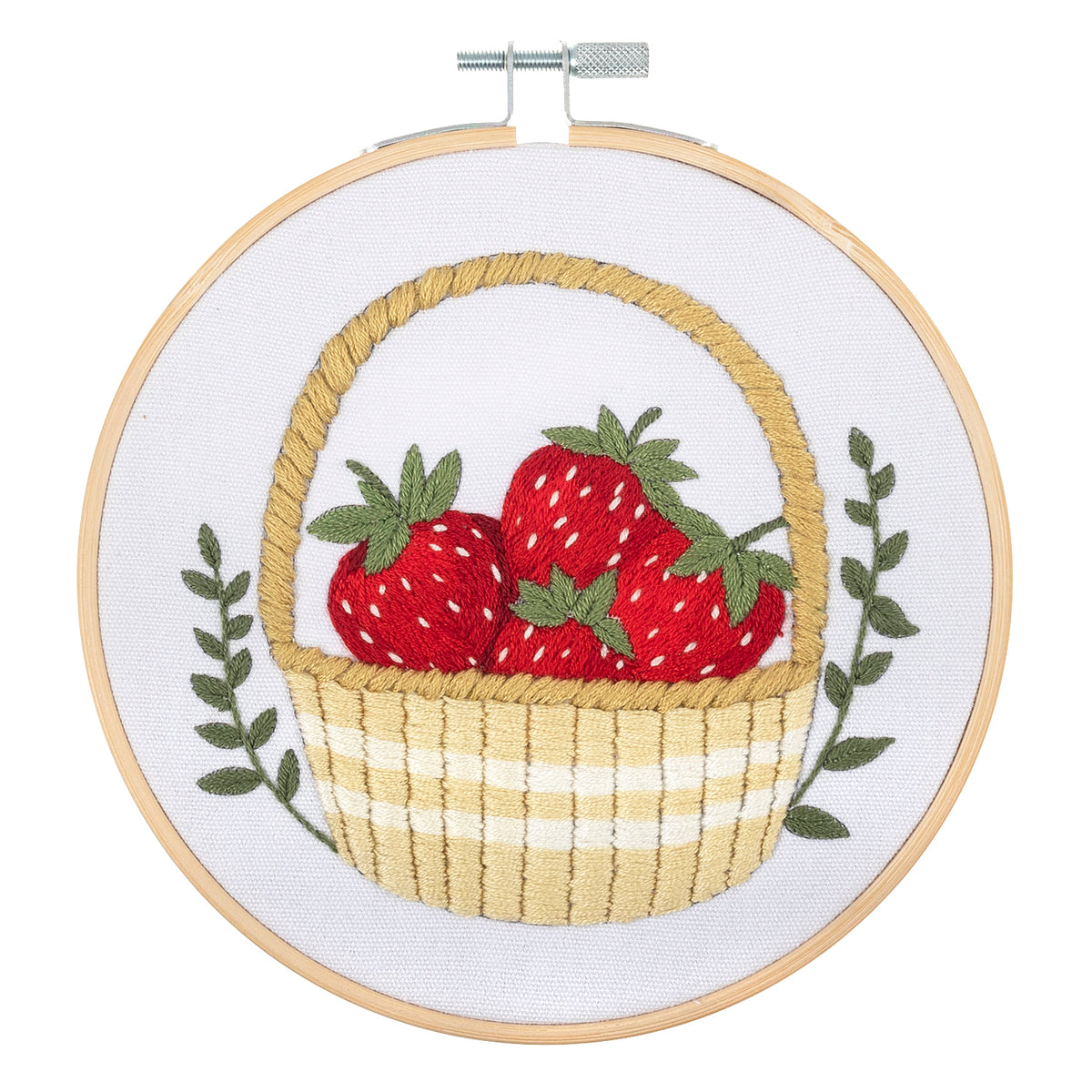 Finished strawberries embroidery in a 15cm bamboo hoop