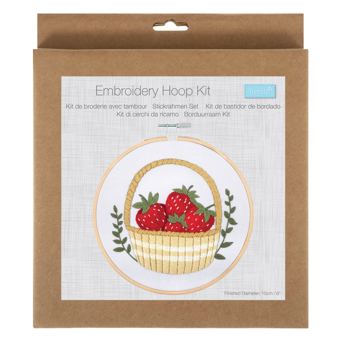 Finished strawberries embroidery in a 15cm bamboo hoop