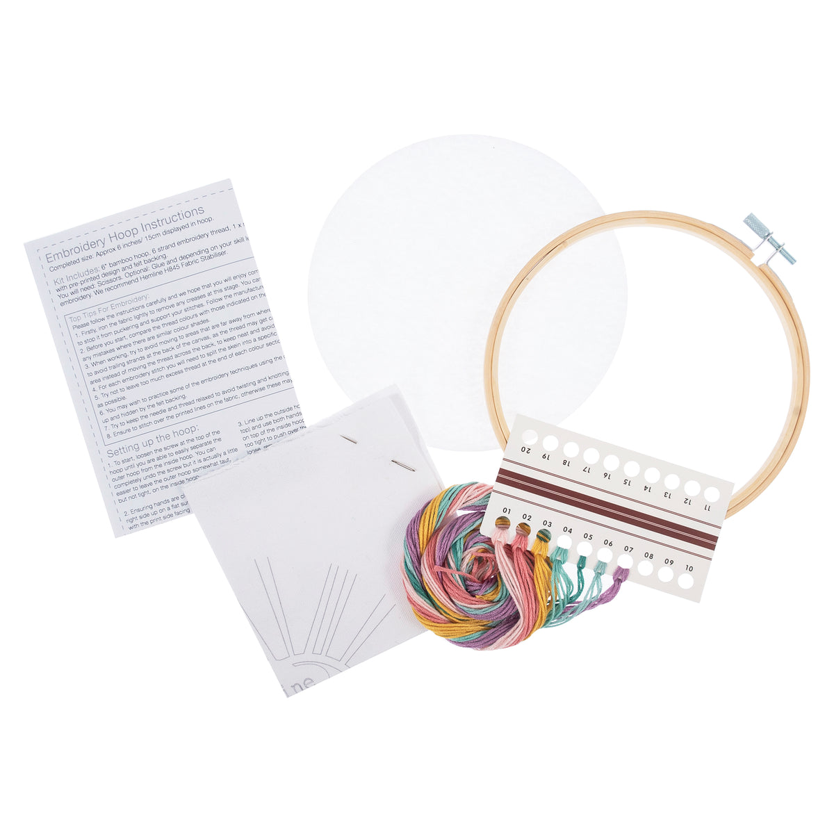 Finished rainbow embroidery in a 15cm bamboo hoop