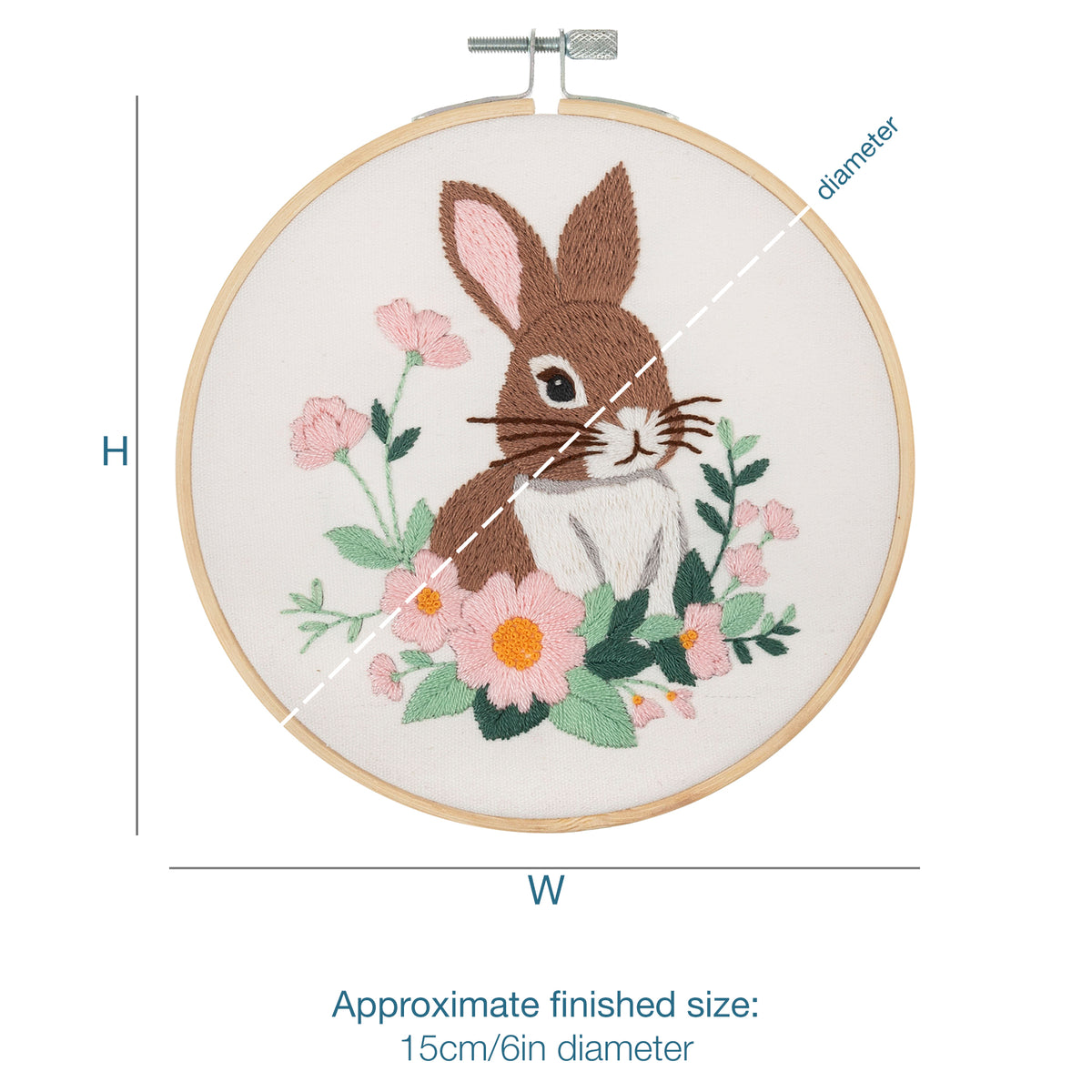 Finished rabbit embroidery in a 15cm bamboo hoop