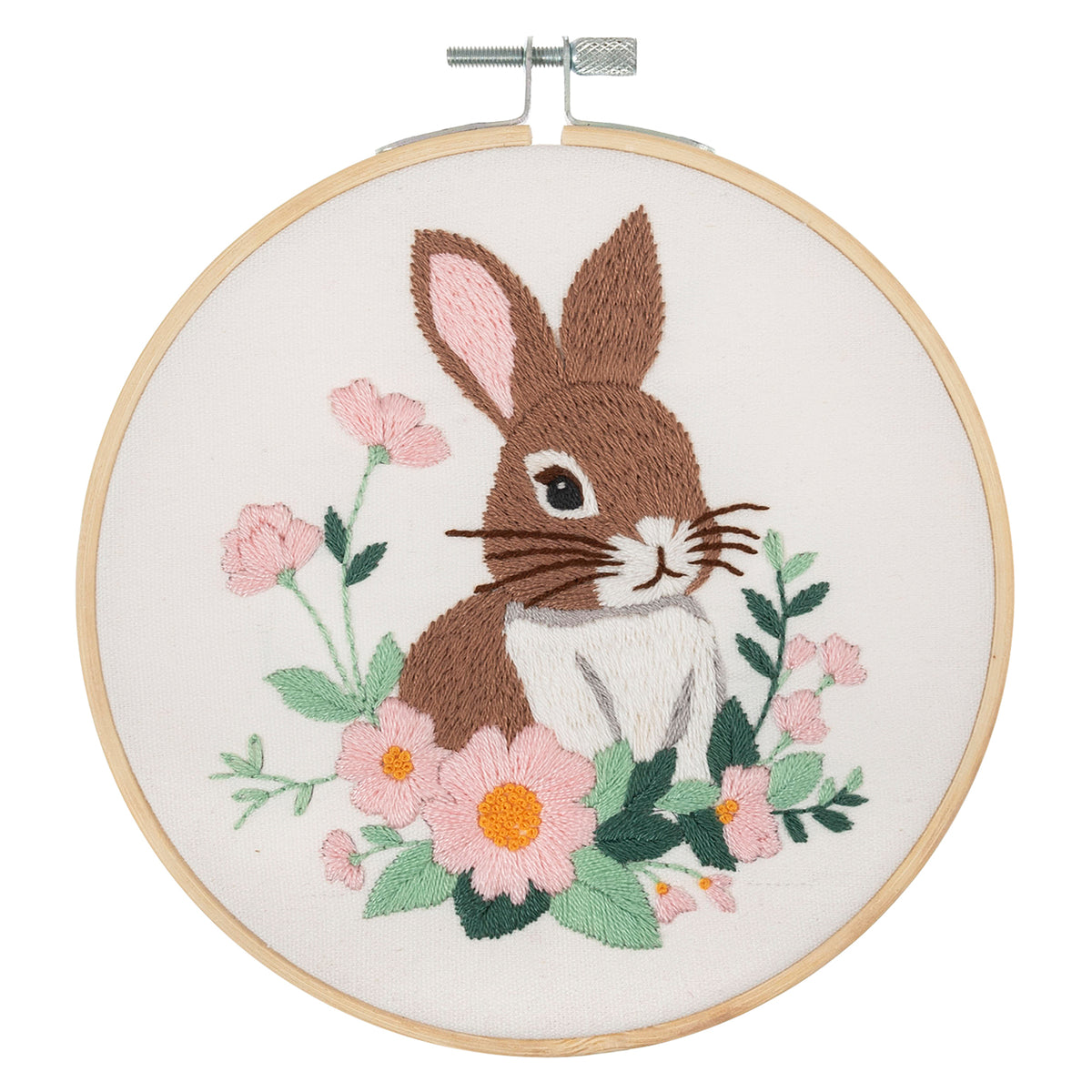 Finished rabbit embroidery in a 15cm bamboo hoop