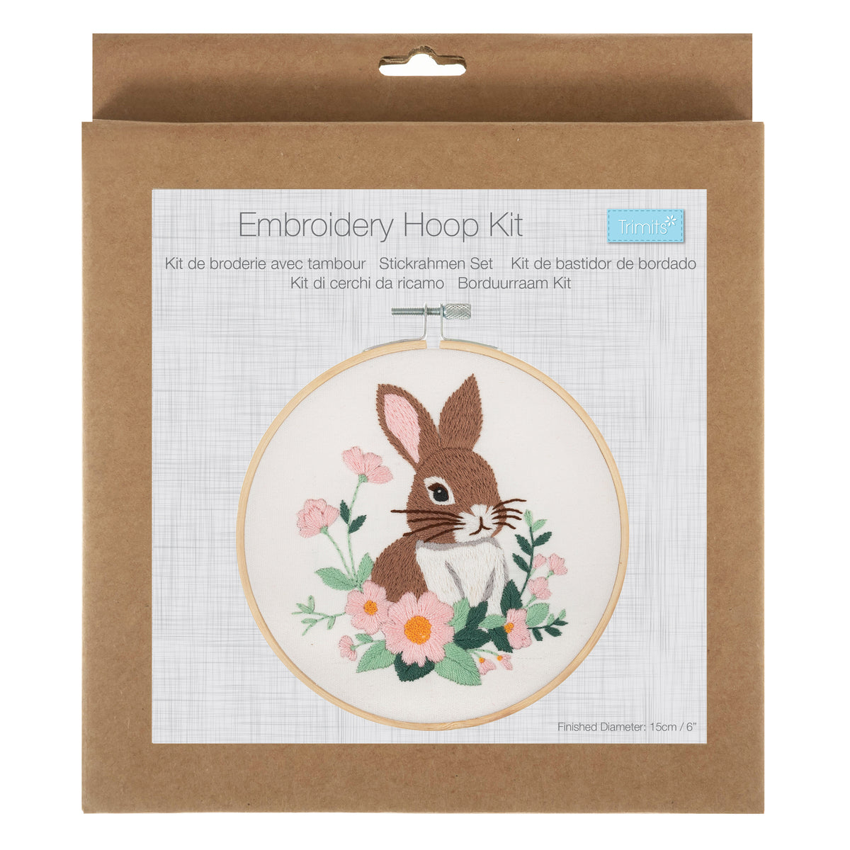 Finished rabbit embroidery in a 15cm bamboo hoop