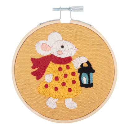 Finished Miss Mouse embroidery in a 10cm bamboo hoop