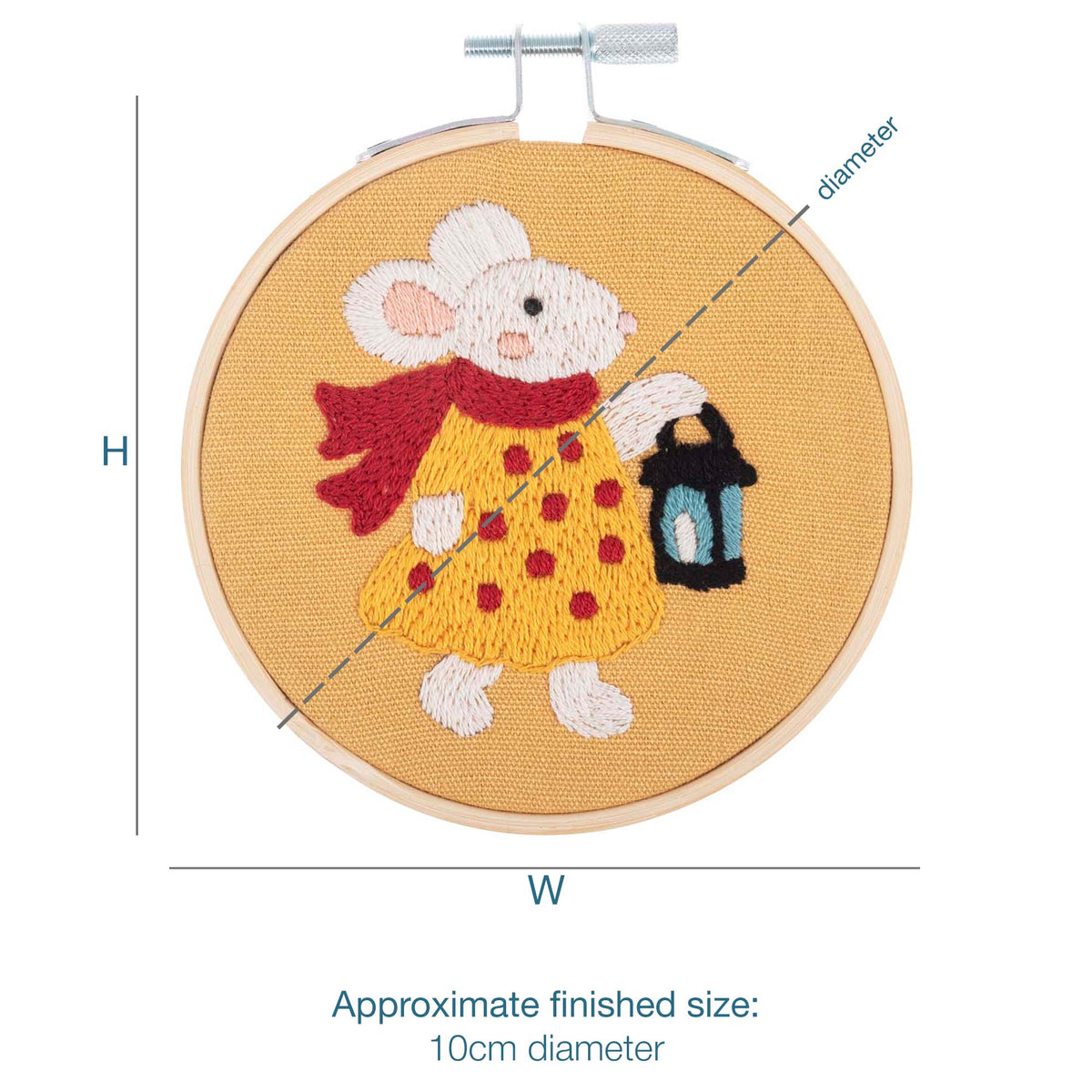 Finished Miss Mouse embroidery in a 10cm bamboo hoop