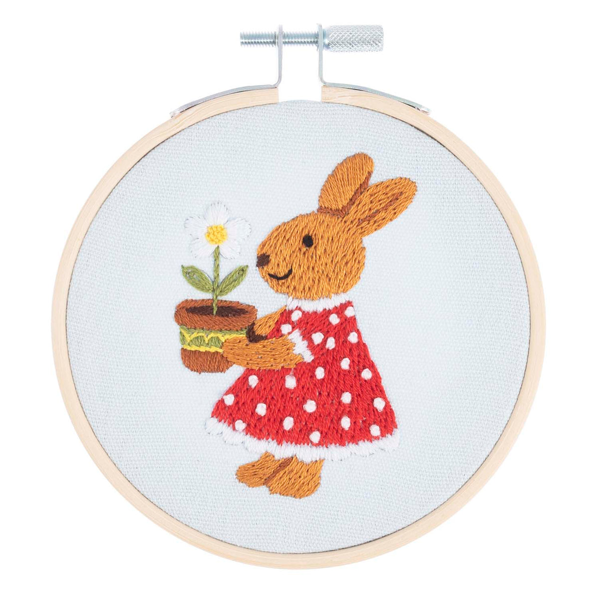 Finished bunny embroidery in a 10cm bamboo hoop
