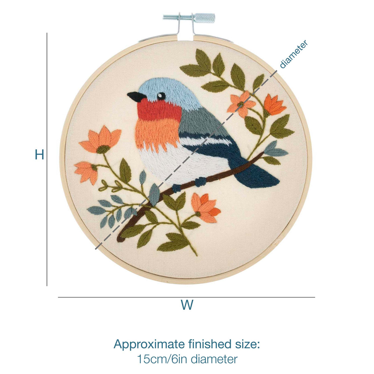 Finished tweet embroidery in a 15cm bamboo hoop