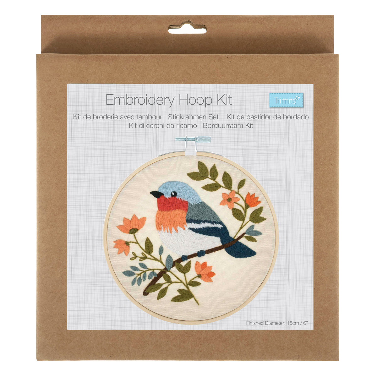 Finished tweet embroidery in a 15cm bamboo hoop