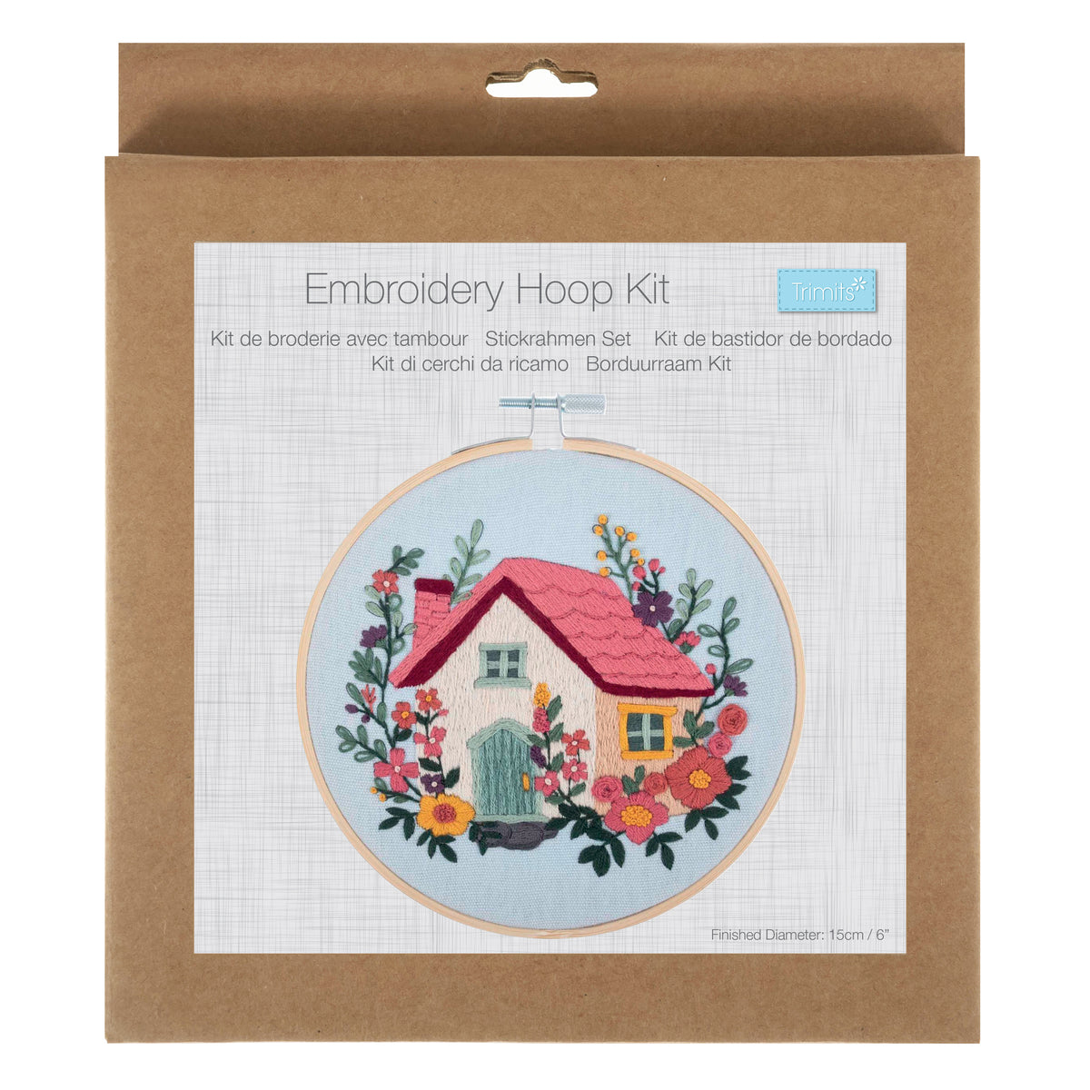 Finished house embroidery in a 15cm bamboo hoop