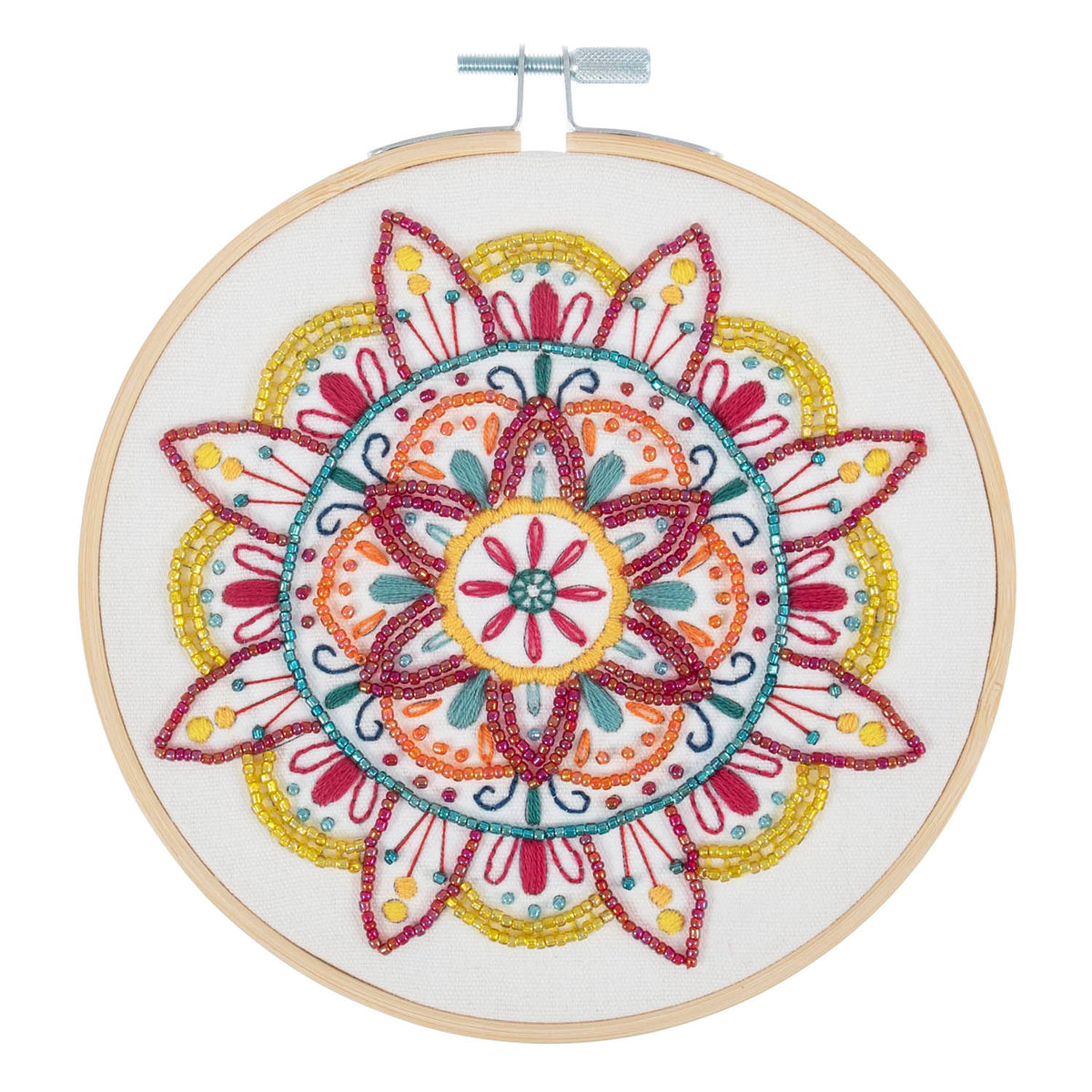 Finished mandala embroidery in a 15cm bamboo hoop