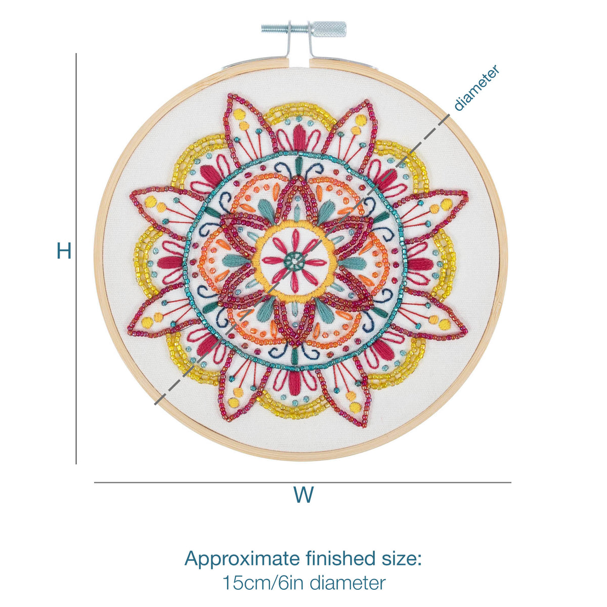 Finished mandala embroidery in a 15cm bamboo hoop