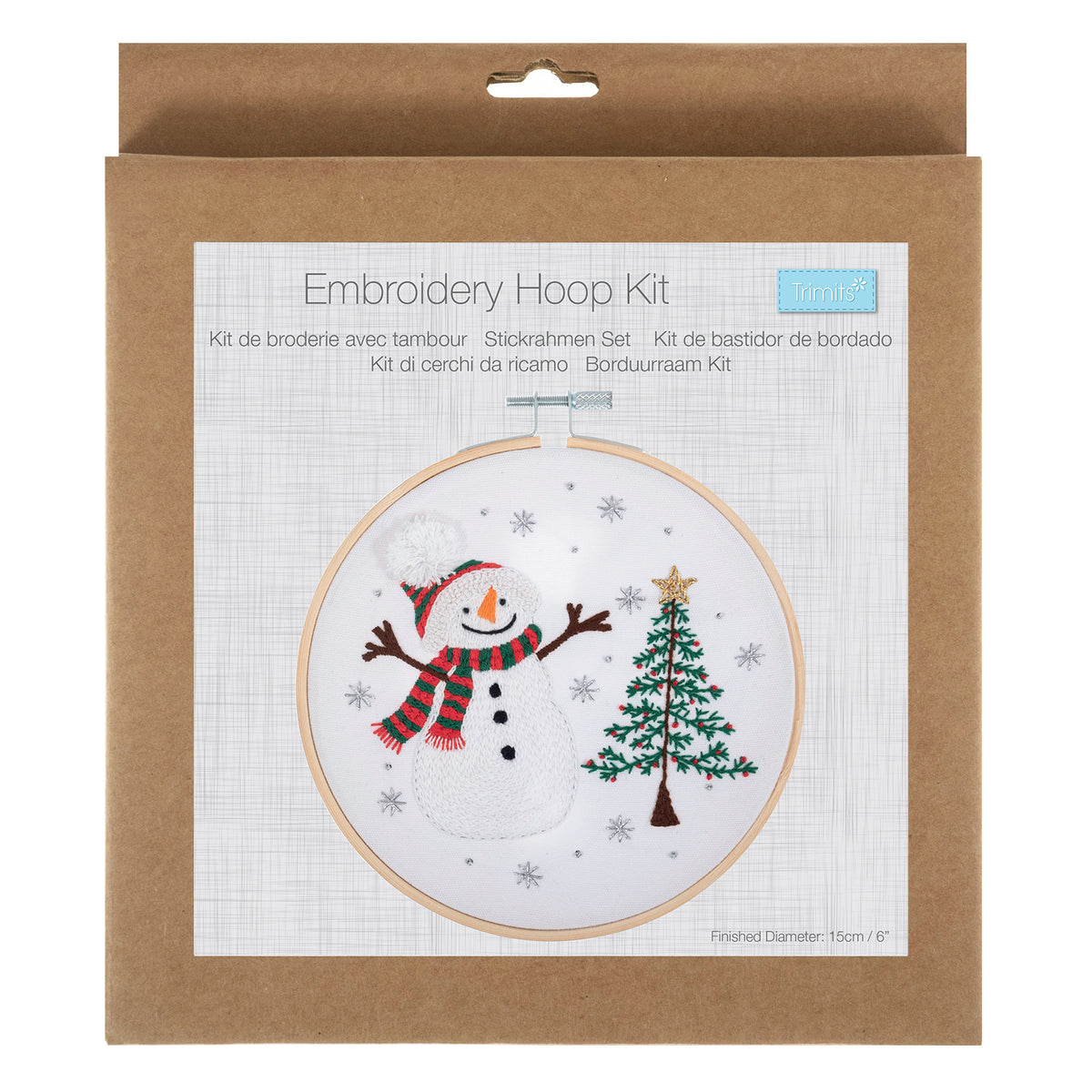 Finished snowman embroidery in a 15cm bamboo hoop