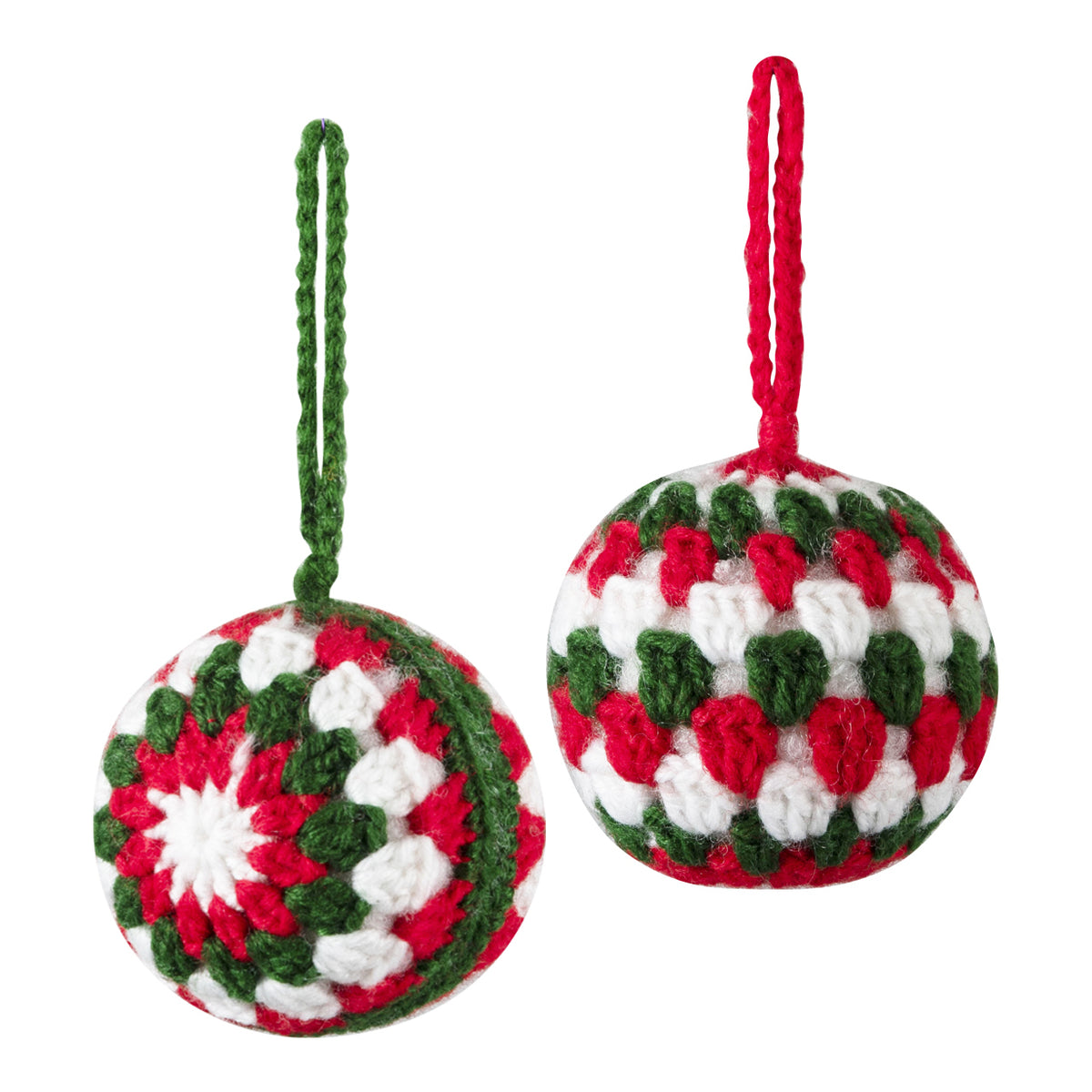 Two crocheted festive bauble decorations
