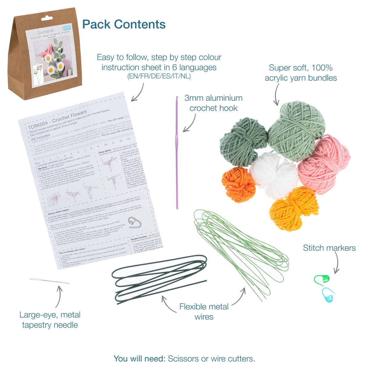 Crocheted flowers on wire stems